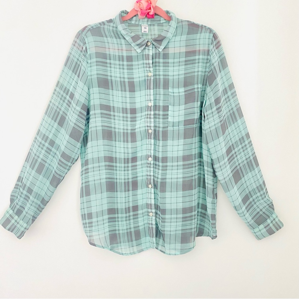 💕Old Navy Mint and Gray Plaid Shirt SZ L